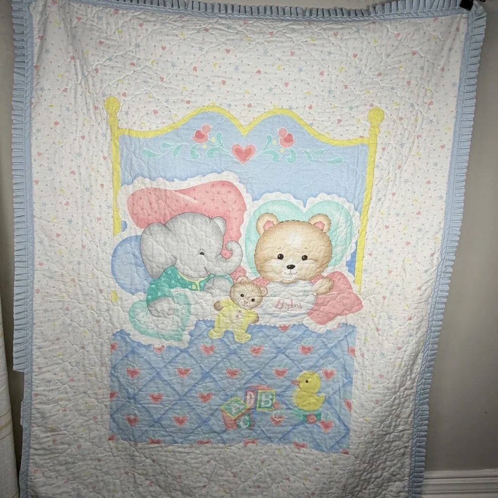 VTG Baby Crib Quilt Blanket‎ Blue Bear Elephant Duck Hearts Boys Nursery Decor